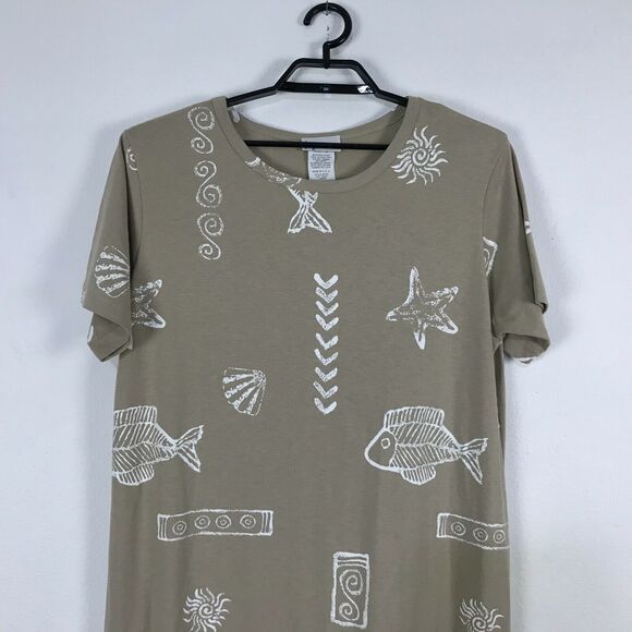 Vintage Key Wear Midi Dress Size L Beige Fish Starfish Beach Polyester Blend - Picture 2 of 8